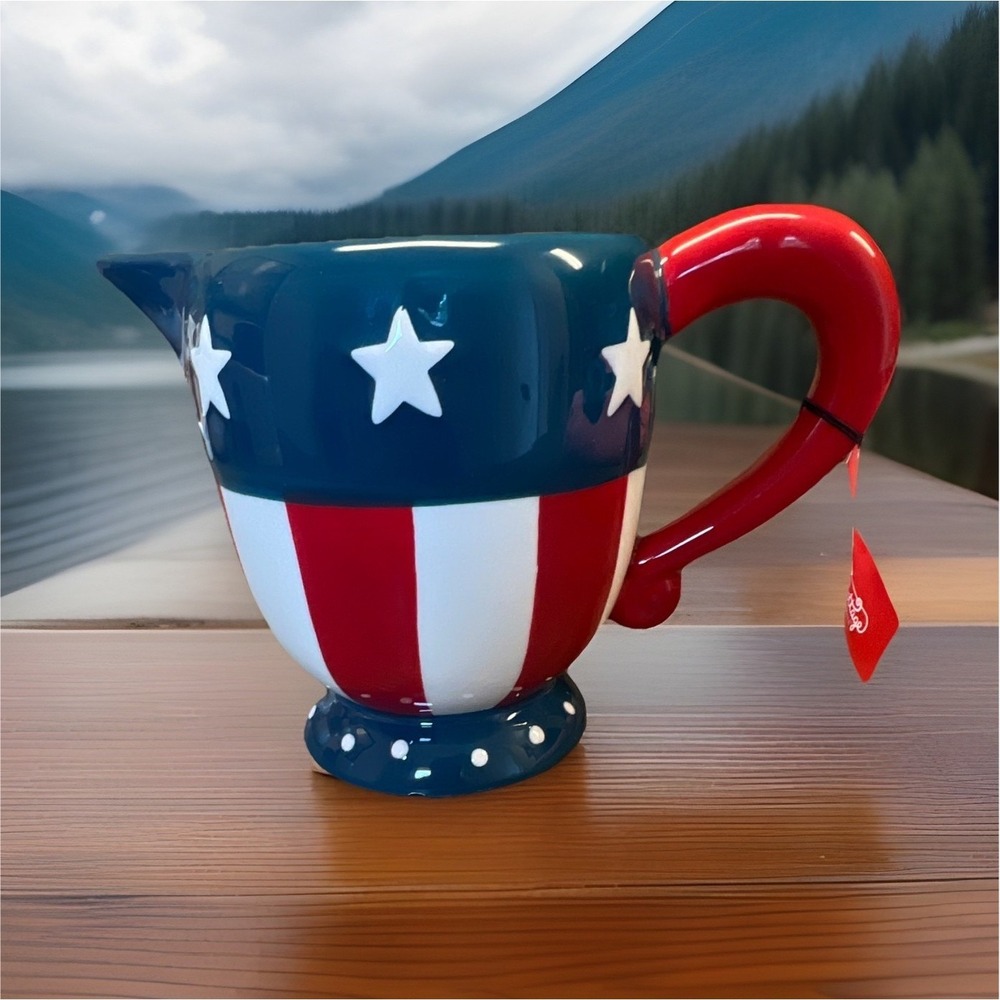 Carnival Cottage Stars & Stripes Red White Blue Ceramic Creamer Pitcher